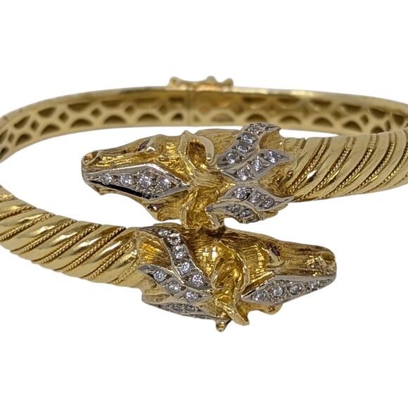 18K Gold Double Horse Head Diamond Ruby Bypass Bangle Bracelet Yellow Gold - Picture 16 of 16